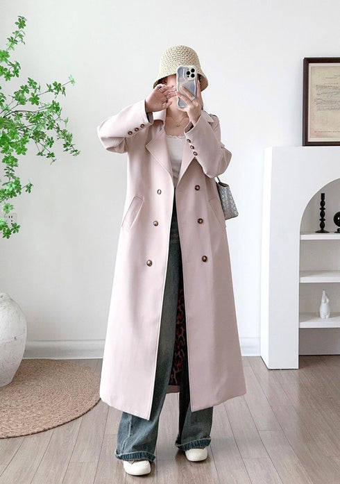 Button Down Double Breasted Long Trench Coat
